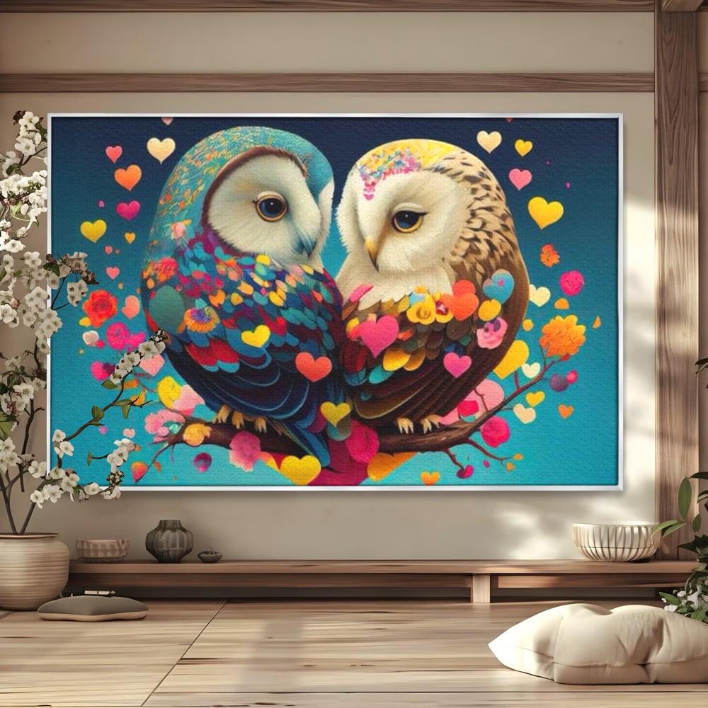 Tablou canvas cu tablou canvas cu doua bufnite colorate si inimi, in rama de aluminiu argintiu